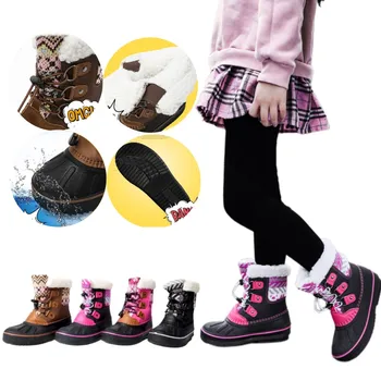 Детские высокие зимние ботинки Детская зимняя теплая хлопчатобумажная обувь с подкладкой на крючках и петлях Детская модная обувь на противоскользящей резиновой подошве 14