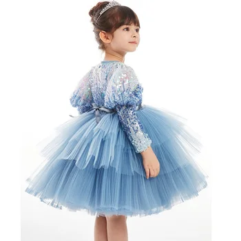 Детские платья, голубое платье для девочек с пышными рукавами и блестками, для вечеринки, свадьбы, милое сетчатое платье принцессы для торта, детское праздничное бальное платье 3