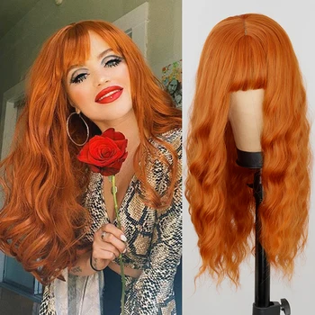 Длинный оранжевый парик с челкой волнистые локоны рыжая челка синтетический женский оранжевый длинный парик естественного вида подходит для ежедневного 16
