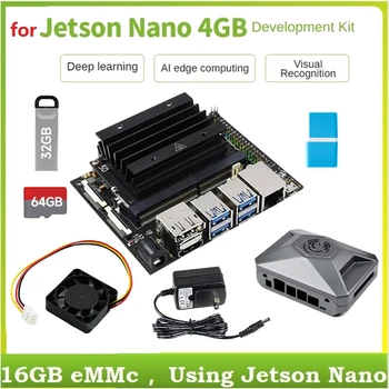 Для Jetson Nano 4GB AI Development Board Комплект с модулем + Радиатор + Чехол + Вентилятор + 32G U-диск + 64G SD-карта + Адаптер питания 10