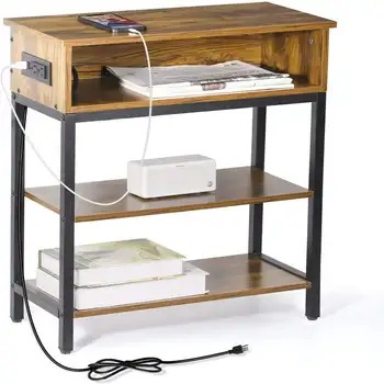 Домашний приставной столик в 3 слоя с полкой для хранения и встроенной станцией быстрой зарядки с USB-портами Прикроватный столик в деревенском стиле из обожженного дерева 15