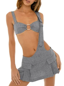 Женская Летняя одежда из 2 предметов, камзол с вырезом в виде кольца и плиссированная мини-юбка на подтяжках на одно плечо, уличная одежда