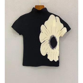 Женская плиссированная футболка Miyak, японский тренд, футболки с цветочным рисунком, круглый вырез, короткие рукава, Весна-лето, топы с геометрическими узорами