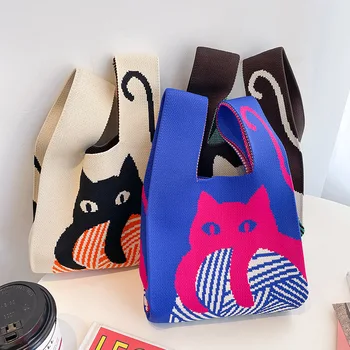 Женская сумочка ручной работы с мини-Узлом, Корейская Кошачья Повседневная Цветная сумка в широкую полоску в клетку, Студенческая сумка для покупок Многоразового использования