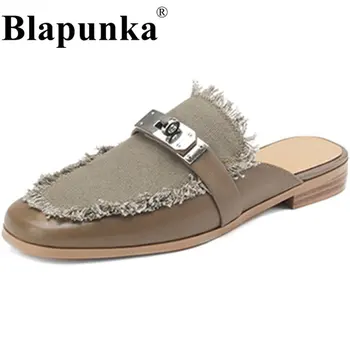 Женские Дизайнерские шлепанцы Blapunka с металлическим замком, Тапочки-слипоны из натуральной кожи, холщовые шлепанцы с кисточкой, женская Повседневная обувь 5