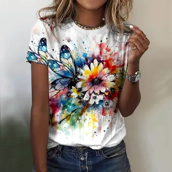 Женские летние повседневные топы с круглым вырезом, коротким рукавом, футболки с цветочным принтом бабочки, забавные футболки с эстетической графикой для девочек-подростков 2