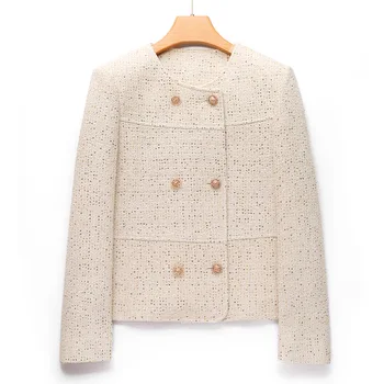 Женское шерстяное твидовое пальто с винтажными блестками, яркое элегантное весенне-осенне-зимнее простое базовое пальто с маленькой металлической пряжкой 9