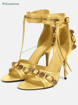 Заклепки молния украшения сплошной сандалии с открытым носком лодыжки ремень пряжка тонкий высокий каблук сандалии партия обуви для женщин 2023 лето