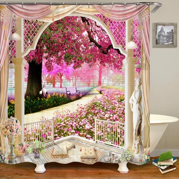 Занавеска для душа с розовым цветочным садом, Пейзаж с деревом, Пейзаж с открытым балконом, Европейские занавески для ванной комнаты, комплект ткани, ширма с крючками
