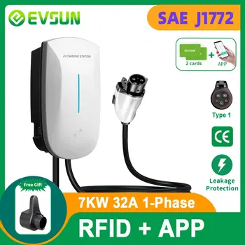 Зарядная станция EVSUN EV Type1 SAE J1772 Штекер 7 кВт 32A 1 фаза Приложение WiFi RFID Карта Электромобиль Автомобильное Зарядное Устройство Wallbox 5 Метров 13