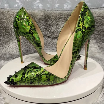 Зеленые Женские туфли D'Orsay из змеиной кожи с Острым носком на высоком каблуке с шипами 8 см 10 см 12 см, Пикантные Туфли-лодочки на шпильке с Заклепками 12