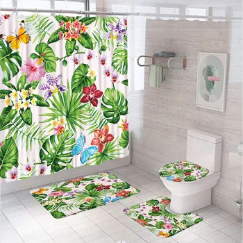Зеленые листья, цветочная занавеска для душа, нескользящий коврик, крышка унитаза, коврик для ванной, деревенское тропическое растение, цветочная бабочка, экран для ванной 6