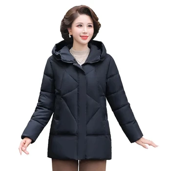 Зимнее новое пальто с капюшоном 6XL, хлопковая теплая куртка для матери среднего возраста, утепленные женские парки, пальто, однотонные повседневные куртки 5