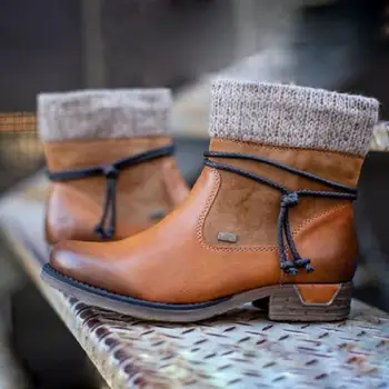 Зимние новые зимние ботинки, женские ботильоны в стиле ретро-панк на низком каблуке, женская обувь на платформе и молнии, женские теплые плюшевые вязаные пинетки в стиле пэчворк