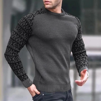 Зимний мужской вязаный свитер в европейском и американском стиле, мужской модный вафельный топ, вязаный свитер с длинным рукавом и круглым вырезом, тонкий многоцветный пуловер 13