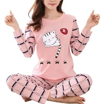 Зимний пижамный комплект с милым рисунком кота из мультфильма, Женская одежда для сна из двух предметов с длинным рукавом 9