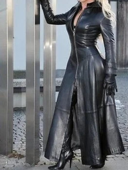 Зимняя женская Модная Длинная куртка из кожи в стиле Киберпанк, повседневные однотонные пальто без пуговиц, байкерская куртка с лацканами, большие размеры 9