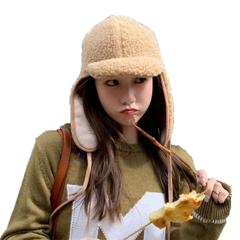 Зимняя корейская женская шапка-пилот, осенняя уличная кашемировая ушанка, шапки-ушанки, модная теплая шапка-бомбер 11
