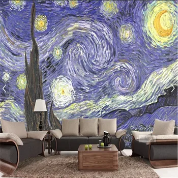 Изготовленная на Заказ Картина Маслом Ван Гога Звездное Небо 3D Фото Обои для Гостиной Обои для Спальни Домашний Декор Papel De Parede 3D 4