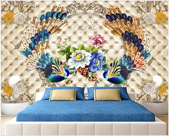 Изготовленная на заказ фреска на стене, 3d обои, европейский узор, цветные резные цветы павлина, домашний декор, фотообои для гостиной 4