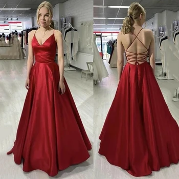 Изготовленные на заказ бордовые атласные вечерние платья с V-образным вырезом и карманами длиной до пола, вечерние платья для женщин 5