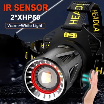 ИК-Датчик 2 * XHP50 Мощный светодиодный Налобный фонарь Перезаряжаемый Головной Фонарик XHP360 Высокой Мощности 18650 Налобные Фонари Кемпинг Фонарь 11