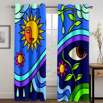 Иллюстрация природы с солнцем, цветами и глазами, эко-дизайн, Европейские шторы на заказ для гостиной, столовой, спальни 7