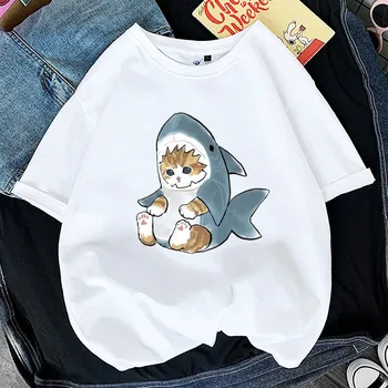 Кавайная женская футболка с принтом кошки Акулы, забавная футболка с животными для девочек, Y2K, модные топы с принтом 90-х, черно-белая одежда, прямая поставка 10