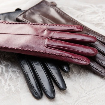 Кожаные перчатки Женские Простой текстуры, импортные Перчатки из козьей кожи, Утолщенные Теплые Ремонтные Руки, Тонкий сенсорный экран для вождения 9