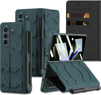 Кожаный чехол для Samsung Galaxy Z Fold 5, чехол-подставка со слотом для карт и защитной пленкой для экрана, Шарнирная защита всего тела на 360 °, кожа 4