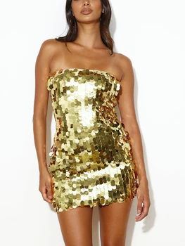 Коктейльное платье без бретелек с золотыми сверкающими блестками, Сексуальное облегающее мини-платье для ночного клуба, Летнее Женское ' 4