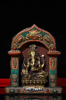 Коллекция Тибетского храма 9 дюймов, Старинная бронзовая мозаика, драгоценный камень, бусина Дзи, Хобот слона, Бог богатства, буддийский алтарь, Сидящий Будда 2
