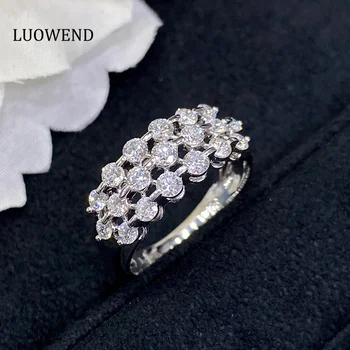 Кольца из белого золота 18 Карат LUOWEND Роскошное кольцо с настоящим натуральным бриллиантом, блестящее трехрядное сверло, Дизайнерское обручальное кольцо для женщин, Помолвка 4
