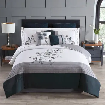 Комплект постельного белья из 14 предметов, темно-синий и серый, с цветочной вышивкой и по частям, из полифил 9