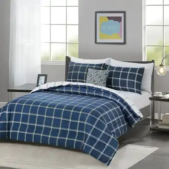 Комплект постельного белья в клетку и Стеганое одеяло - Кровать в мешке - Темно-синий - Полный размер