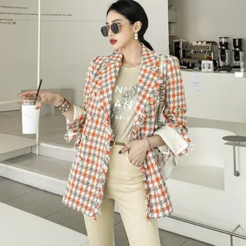 Корейская осенняя Элегантная Офисная женская модная зимняя куртка, женское винтажное твидовое пальто в клетку с кисточками, женская одежда Mujer