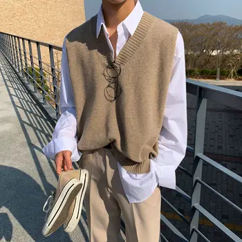 Корейский модный зимний мужской свитер с V-образным вырезом, жилет без рукавов, тренд, Индивидуальность, Свободный Повседневный мужской Винтажный вязаный жилет для колледжа A47 6