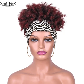 Короткий Афро Кудрявый парик-повязка на голову 2 в 1, Тюрбан, парики для чернокожих женщин, слоеный шнурок, термостойкие волокнистые волосы 9