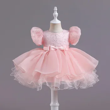 Летнее Новое детское платье принцессы от 1 года с пышными рукавами и блестками, кружевная сетчатая юбка-пачка, одежда для танцев для девочек 7