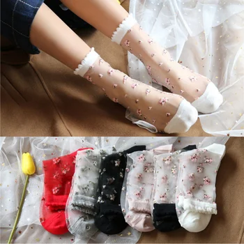 Летние Винтажные женские носки Harajuku в стиле Ретро С цветочной вышивкой, Шелковые носки с кристаллами, Женские Ультратонкие Прозрачные Нейлоновые Длинные носки Sox 5