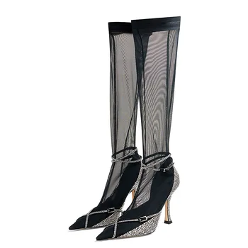 Летние модные эластичные сетчатые ботинки со стразами и ремешком с пряжкой, пикантные женские босоножки на высоком каблуке с перекрестной каймой, крутые ботинки с острым носком