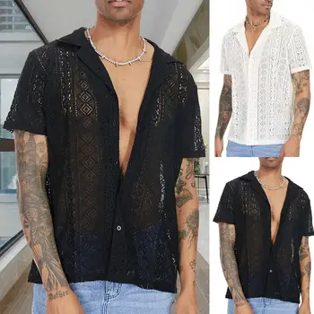 Летняя рубашка Из хлопка, прозрачные ажурные рубашки, Свободная дышащая мужская футболка, Мужская одежда, Мужской топ camisas de hombre