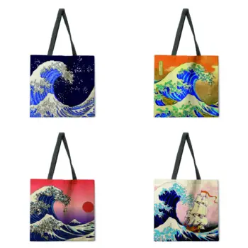 Многоразовая сумка для покупок Kanagawa, женская модная пляжная сумка для серфинга, сумка через плечо из льняной ткани, сумка-тоут
