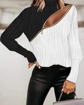 Модная женская блузка 2023, весенний дизайн с цветными блоками, Повседневная футболка с имитацией шеи и длинным рукавом на каждый день, текстурированный топ 5