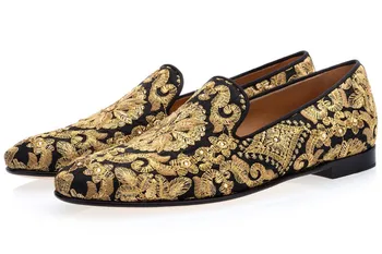 Модные мужские повседневные парусиновые туфли с ручной вышивкой, украшенные кристаллами и золотом, Удобные мужские лоферы на плоской подошве с цветочным узором 14