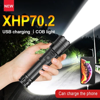 Мощный светодиодный фонарик XHP70.2, супер яркий фонарь с телескопическим зумом, лампа COB, USB-зарядка, фонарик для рыбалки, кемпинга, вспышки