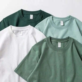Мужская Женская Зеленая футболка, 200 г Хлопкового топа с короткими рукавами, Корейская футболка, Зеленая толстая хлопковая футболка Унисекс с коротким рукавом 7