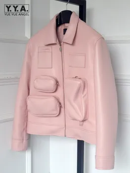Мужская куртка из натуральной кожи, мотоциклетное короткое пальто с несколькими карманами, Дизайнерская уличная куртка-карго с отложным воротником Розового цвета из натуральной овчины 16