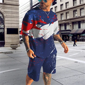 Мужская летняя футболка с 3D-принтом и красочными граффити, шорты, спортивный костюм, повседневная одежда, спортивный костюм из двух предметов 5