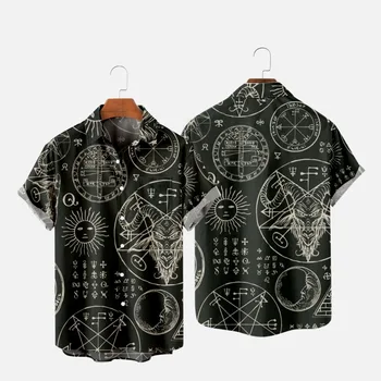 Мужская модная летняя футболка с Гавайским 3D принтом в виде Черепа Демона Уютная повседневная рубашка на одной пуговице с коротким рукавом Пляжная рубашка Оверсайз 5 14